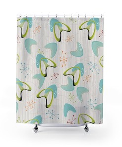 Teal Mid Century Modern Shower Curtain, Vintage Style Bathroom Accessory for 50s and 60s Decor