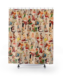 Retro Pin Up Beauties Shower Curtain, 30s and 40s Style Bathroom Accessory