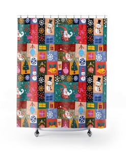 Santa Claus Christmas Shower Curtain, Retro Style Cute Indoor Decor for Kids' Bathroom