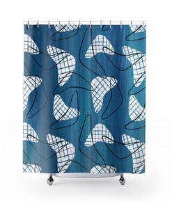 Blue Boomarang Mid Century Modern Shower Curtain, Perfect Vintage Style Bathroom Accessory