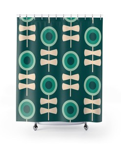 Mid Century Modern Green Shower Curtain, Vintage Style Bathroom Accessory for 50s and 60s Decor