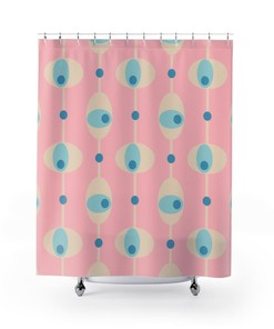 Pink Mid Century Modern Shower Curtain, Vintage Style Bathroom Accessory for 50s and 60s Decor