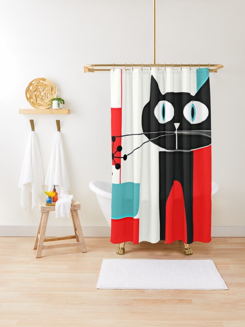 Atomic Cat, Cute Black Kitschy Kitty, Retro Mid Century Modern Bathroom