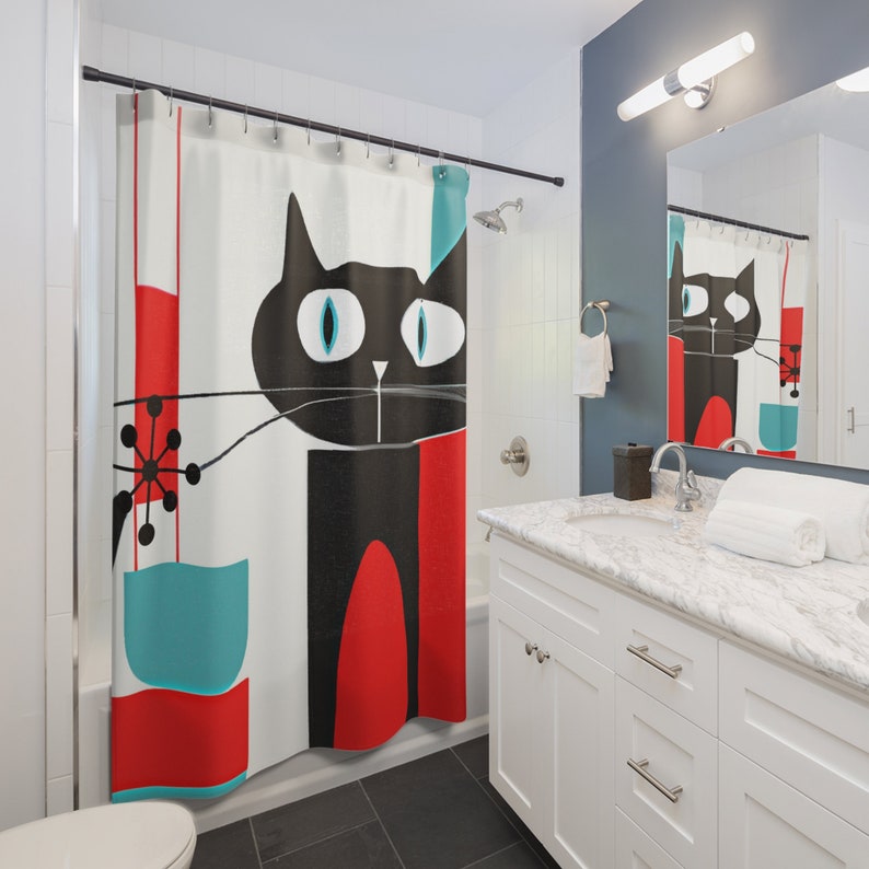 Atomic Cat, Cute Black Kitschy Kitty, Retro Mid Century Modern Bathroom