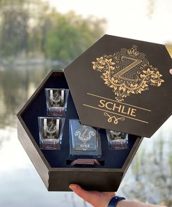 Schlie Whiskey Set (Wooden box + Decanter + 4 Glasses + 4 Coasters)