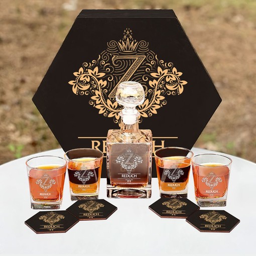 Redlich Whiskey Set (Wooden box + Decanter + 4 Glasses + 4 Coasters) - Image 4