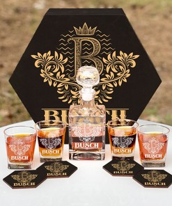 BUSCH - WHISKEY SET (Wooden box + Decanter + 4 Glasses + 4 Coasters)