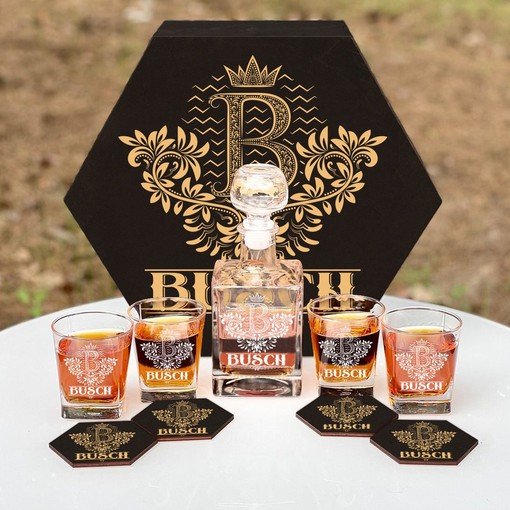 BUSCH - WHISKEY SET (Wooden box + Decanter + 4 Glasses + 4 Coasters)