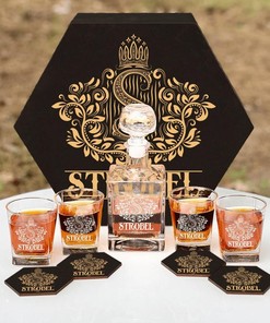 STROBEL - WHISKEY SET (Wooden box + Decanter + 4 Glasses + 4 Coasters)