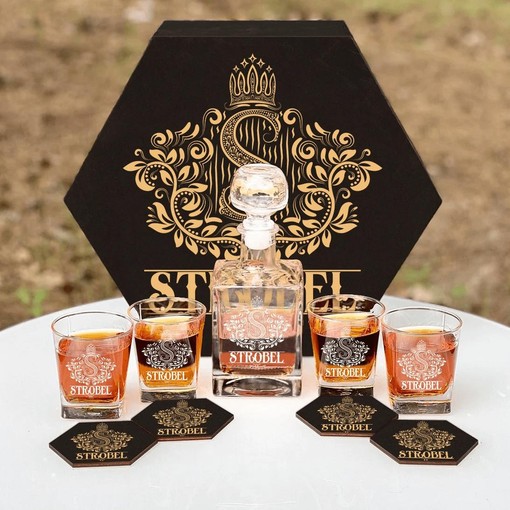 STROBEL - WHISKEY SET (Wooden box + Decanter + 4 Glasses + 4 Coasters)
