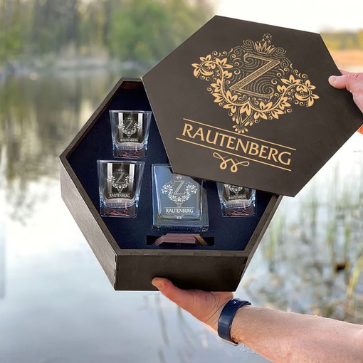 Rautenberg Whiskey Set (Wooden box + Decanter + 4 Glasses + 4 Coasters)