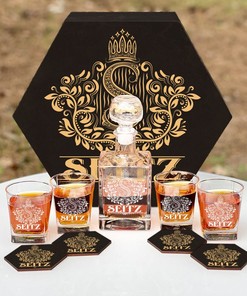 SEITZ - WHISKEY SET (Wooden box + Decanter + 4 Glasses + 4 Coasters)