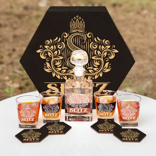 SEITZ - WHISKEY SET (Wooden box + Decanter + 4 Glasses + 4 Coasters)