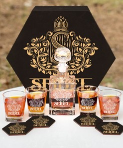 SEIDEL - WHISKEY SET (Wooden box + Decanter + 4 Glasses + 4 Coasters)