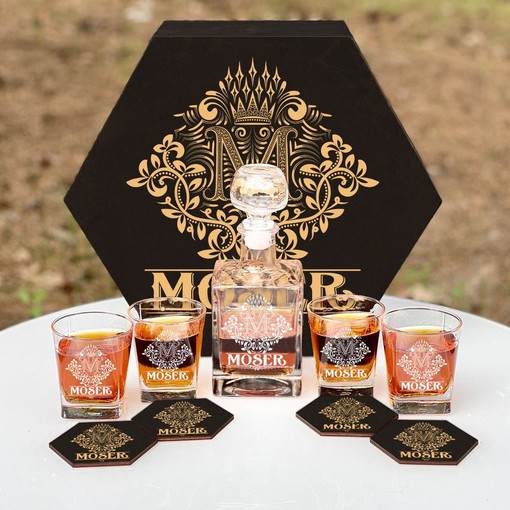 MOSER - WHISKEY SET (Wooden box + Decanter + 4 Glasses + 4 Coasters)