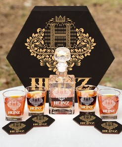 HEINZ - WHISKEY SET (Wooden box + Decanter + 4 Glasses + 4 Coasters)