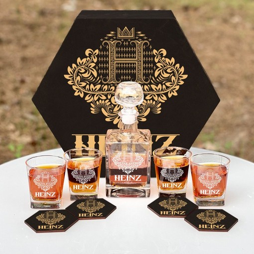 HEINZ - WHISKEY SET (Wooden box + Decanter + 4 Glasses + 4 Coasters)
