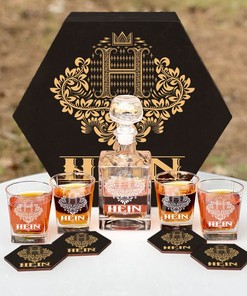 HEIN - WHISKEY SET (Wooden box + Decanter + 4 Glasses + 4 Coasters)