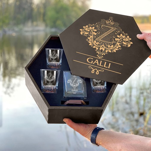 Galli Whiskey Set (Wooden box + Decanter + 4 Glasses + 4 Coasters)