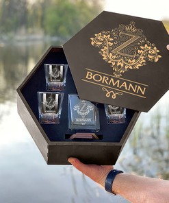 Bormann Whiskey Set (Wooden box + Decanter + 4 Glasses + 4 Coasters)