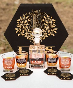 LUIS - WHISKEY SET (Wooden box + Decanter + 4 Glasses + 4 Coasters)