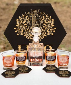 LUGO - WHISKEY SET (Wooden box + Decanter + 4 Glasses + 4 Coasters)