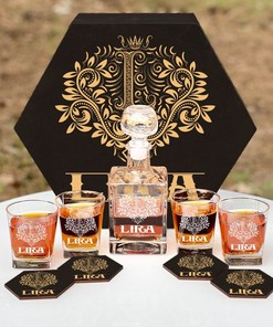 LIRA - WHISKEY SET (Wooden box + Decanter + 4 Glasses + 4 Coasters)