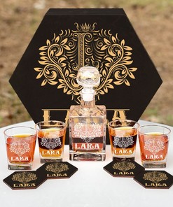LARA - WHISKEY SET (Wooden box + Decanter + 4 Glasses + 4 Coasters)