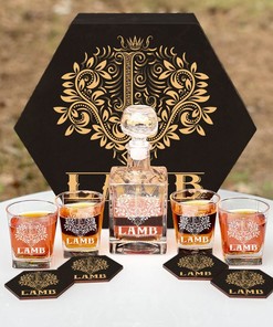 LAMB - WHISKEY SET (Wooden box + Decanter + 4 Glasses + 4 Coasters)