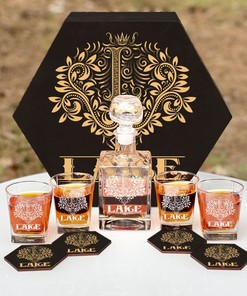 LAKE - WHISKEY SET (Wooden box + Decanter + 4 Glasses + 4 Coasters)