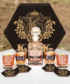 KIRK - WHISKEY SET (Wooden box + Decanter + 4 Glasses + 4 Coasters)