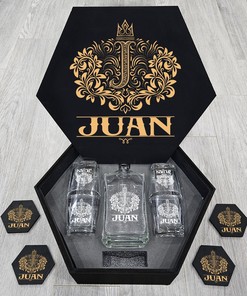 JUAN - WHISKEY SET (Wooden box + Decanter + 4 Glasses + 4 Coasters)