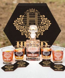 HURD - WHISKEY SET (Wooden box + Decanter + 4 Glasses + 4 Coasters)