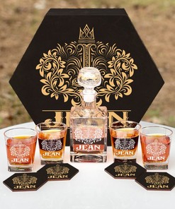 JEAN - WHISKEY SET (Wooden box + Decanter + 4 Glasses + 4 Coasters)