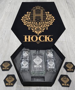 HOCK - WHISKEY SET (Wooden box + Decanter + 4 Glasses + 4 Coasters)