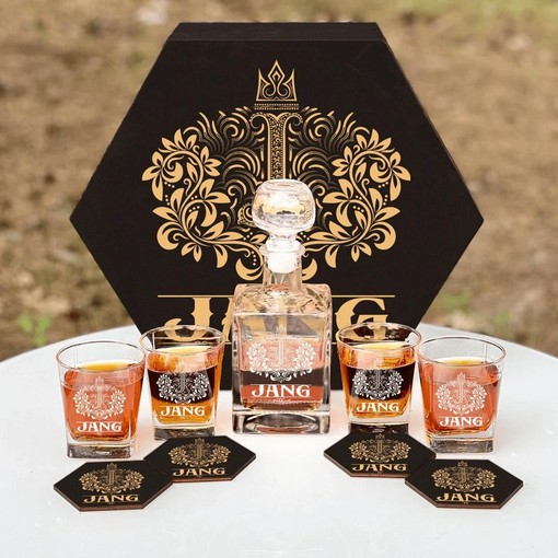 JANG - WHISKEY SET (Wooden box + Decanter + 4 Glasses + 4 Coasters)