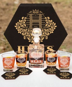 HESS - WHISKEY SET (Wooden box + Decanter + 4 Glasses + 4 Coasters)