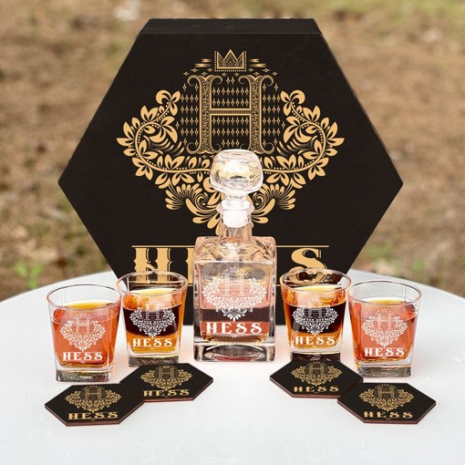 HESS - WHISKEY SET (Wooden box + Decanter + 4 Glasses + 4 Coasters)
