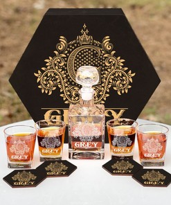GREY - WHISKEY SET (Wooden box + Decanter + 4 Glasses + 4 Coasters)