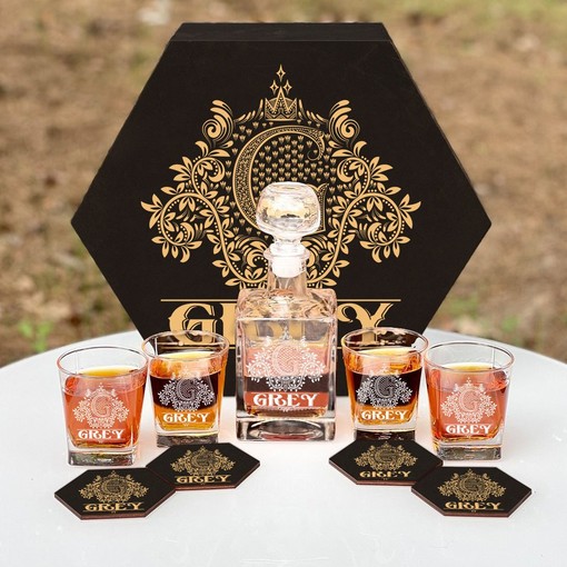 GREY - WHISKEY SET (Wooden box + Decanter + 4 Glasses + 4 Coasters)