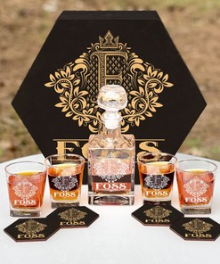 FOSS - WHISKEY SET (Wooden box + Decanter + 4 Glasses + 4 Coasters)