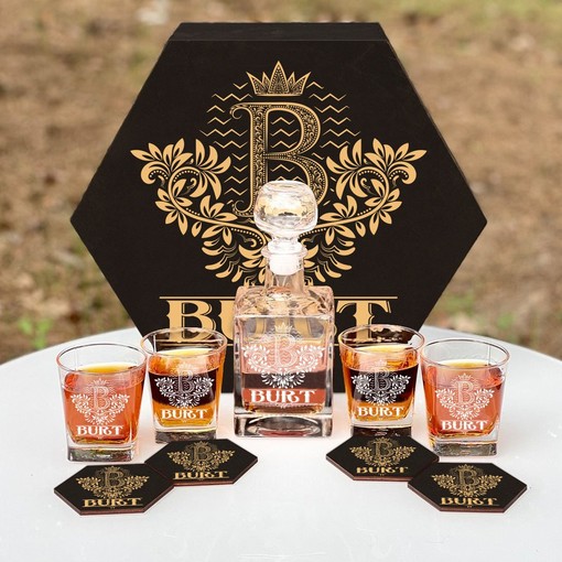BURT - WHISKEY SET (Wooden box + Decanter + 4 Glasses + 4 Coasters)