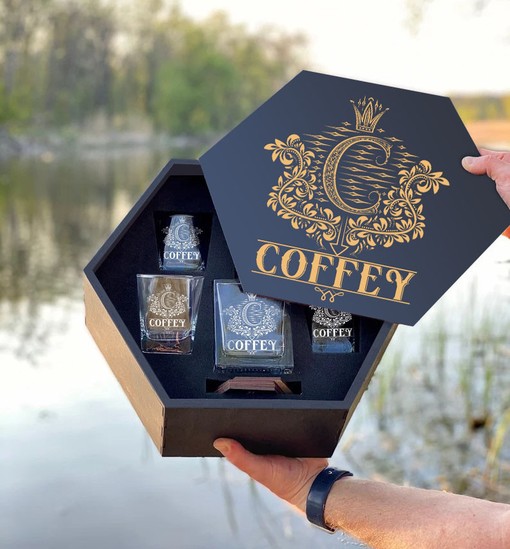 COFFEY - WHISKEY SET (Wooden box + Decanter + 4 Glasses + 4 Coasters)