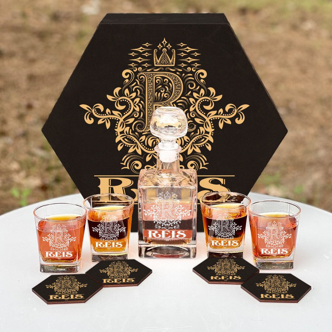 REIS - WHISKEY SET (Wooden box + Decanter + 4 Glasses + 4 Coasters) - Image 2