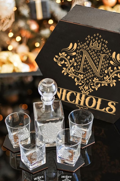 NICHOLS - WHISKEY SET (Wooden box + Decanter + 4 Glasses + 4 Coasters) - Image 5