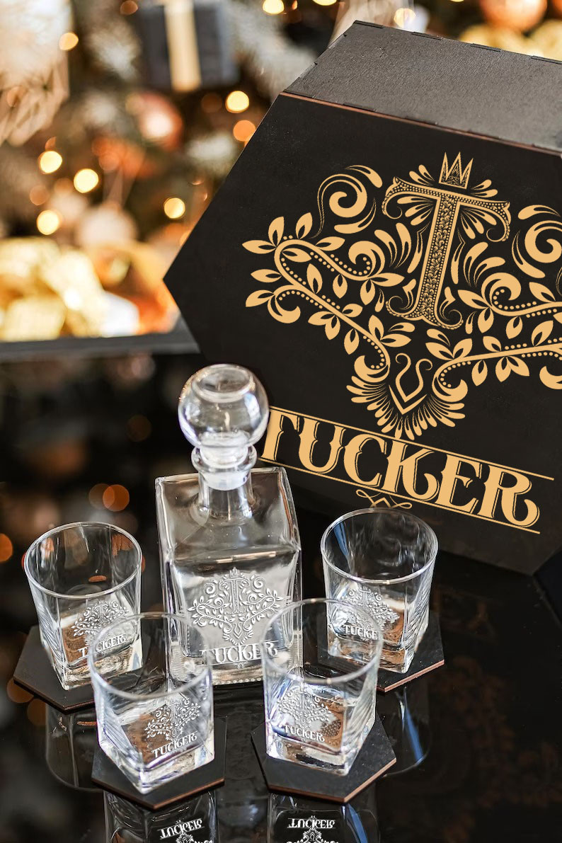 TUCKER - WHISKEY SET (Wooden box + Decanter + 4 Glasses + 4 Coasters) - Image 5