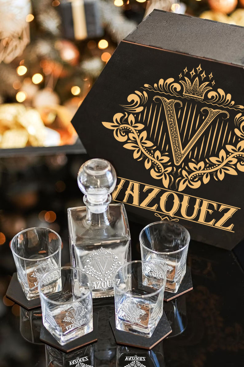 VAZQUEZ - WHISKEY SET (Wooden box + Decanter + 4 Glasses + 4 Coasters) - Image 5