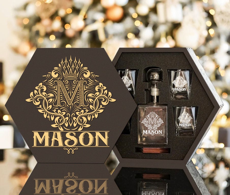 MASON - WHISKEY SET (Wooden box + Decanter + 4 Glasses + 4 Coasters) - Image 2