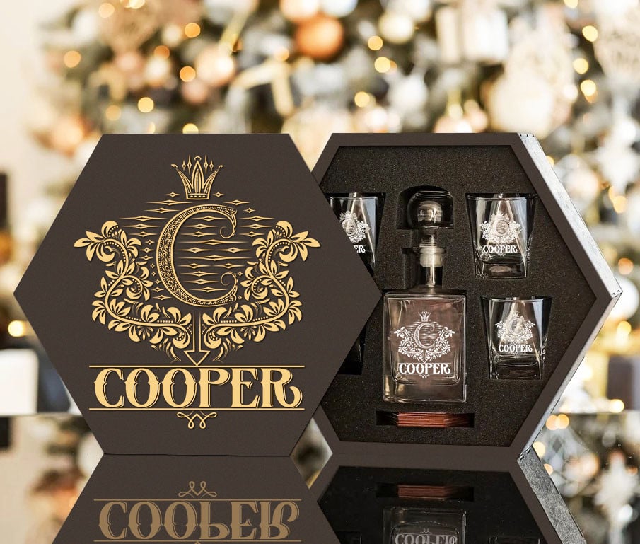 COOPER - WHISKEY SET (Wooden box + Decanter + 4 Glasses + 4 Coasters) - Image 2