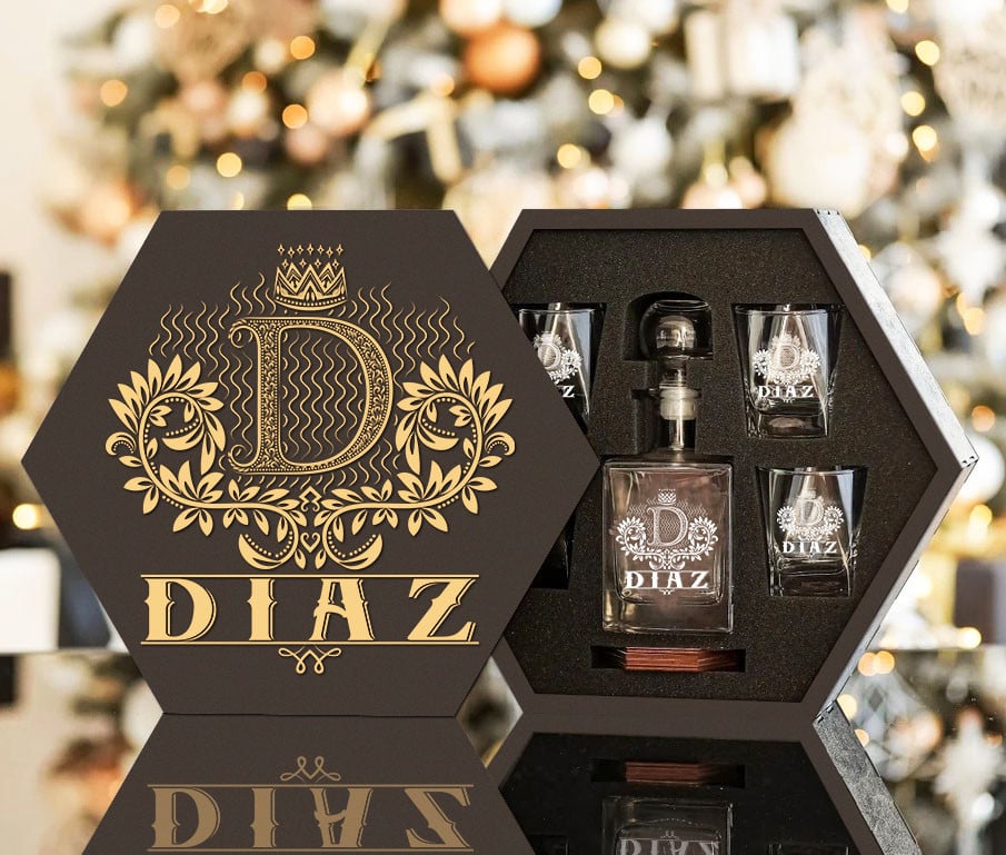 DIAZ - WHISKEY SET (Wooden box + Decanter + 4 Glasses + 4 Coasters) - Image 2